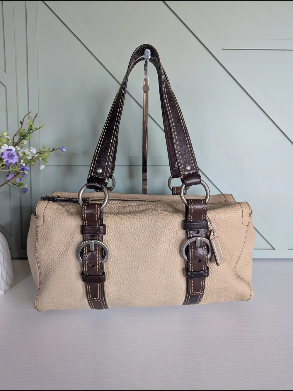 Coach Beige Leather Satchel with Dark Brown Straps